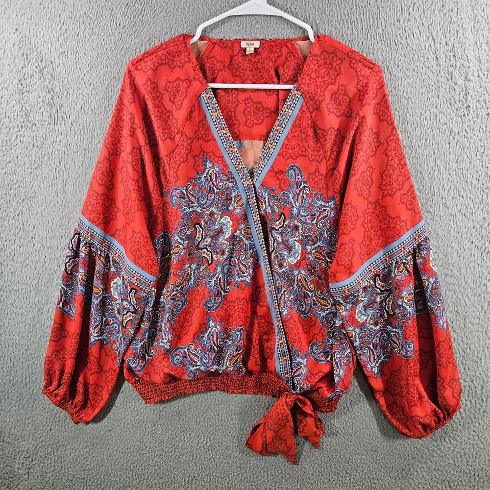 Reba Red Paisley Beaded V-Neck Balloon Sleeve Smocked Tie Hem Blouse Large